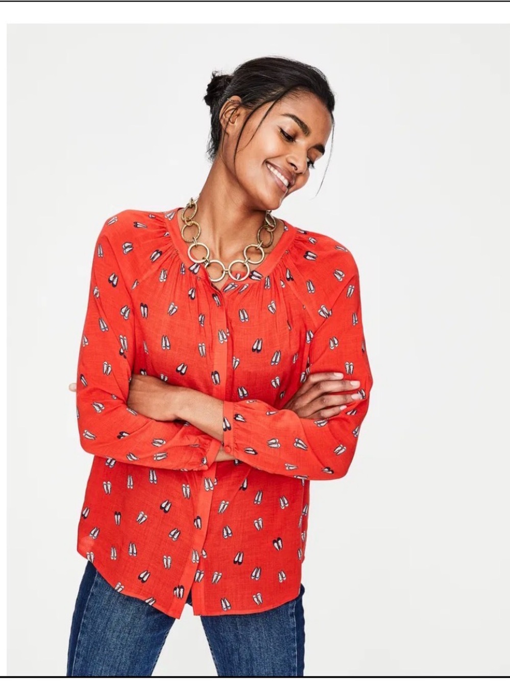 Boden Maximalist Plus Size Orange/Red Ballet Flats Button Up Blouse 16R